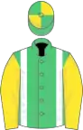 Emerald green, white braces, yellow sleeves, emGreen and yellow quartered cap