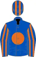 Royal blue, orange disc, striped sleeves and cap