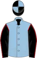 Light blue, black sleeves, red seams, black and light blue quartered cap