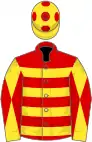Red, yellow hoops, yellow and red diabolo on sleeves, yellow cap, red spots