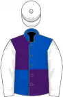 Royal blue and purple (quartered), white sleeves and cap