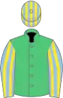 Emerald green, light blue and yellow striped sleeves and cap