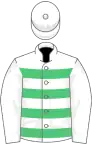White, emerald green hoops, white sleeves and cap