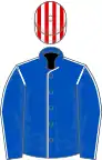 Royal blue, white seams, red and white striped cap