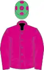 Cerise, emerald green cap, cerise spots