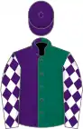 Dark green and purple (halved), white sleeves, purple diamonds, purple cap