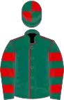 Dark green, red seams, hooped sleeves, quartered cap