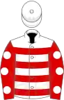 White, red hoops, red sleeves, white spots, white cap