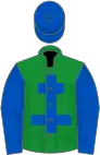 Green, royal blue cross of lorraine, royal blue sleeves and cap