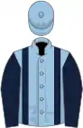 Light blue, dark blue braces, dark blue sleeves, light blue cap