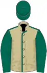 Beige, dark green seams, dark green sleeves, dark green cap