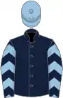 Dark blue, light blue chevrons on sleeves, light blue cap