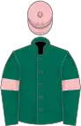 Dark green, pink armlets and cap