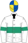 White, emerald green hoop, emerald green armlet, royal blue and yellow quartered cap