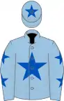 Light blue, royal blue star on body and cap, light blue sleeves, royal blue stars