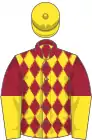 Maroon and yellow diamonds, halved sleeves, yellow cap