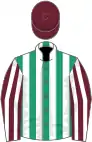 Emerald green and white stripes, claret and white striped sleeves, claret cap