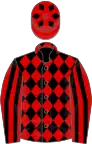 Black and red diamonds, red and black striped sleeves, red cap, black diamonds