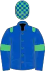 Royal blue, emerald green epaulettes, emerald green armlet, check cap