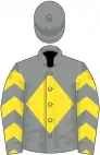 Grey, yellow diamond, yellow and grey chevrons on sleeves
