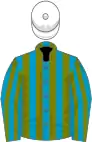 Turquoise blue and olive green stripes, white cap