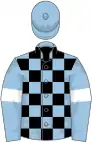Light blue and black check, light blue sleeves, white armlets, light blue cap