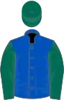 Royal blue, dark green sleeves and cap