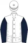 White, dark blue sleeves, white cap