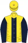 Yellow, dark blue stripe and sleeves, yellow cap