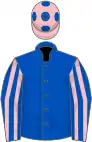 Royal blue, pink striped sleeves, pink cap, blue spots