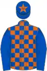 Orange and royal blue check, royal blue sleeves, royal blue cap, orange star