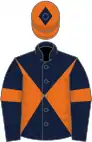Dark blue and orange diabolo, dark blue sleeves, orange armlets, orange cap, dark blue diamond