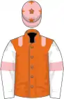Orange, pink epaulets, white sleeves, pink armlets, pink cap, orange stars
