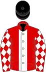 Red, white panel, white diamonds on sleeves, black cap