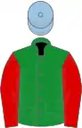 Green, red sleeves, light blue cap