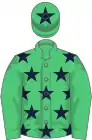 Emerald green, dark blue stars, emerald green sleeves, emerald green cap, dark blue star