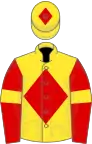 Yellow, red diamond, red sleeves, yellow armlets, yellow cap, red diamond