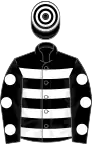Black, white hoops, spots on sleeves, hooped cap