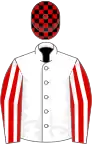 White, red and white striped sleeves, black and red check cap