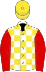 White and yellow checked, red sleeves, yellow cap