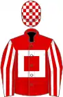 Red, white hollow box, striped sleeves, check cap