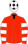 Scarlet, White hooped sleeves and cap with Black spots