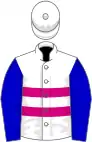 White, two cerise hoops, blue sleeves, white cap