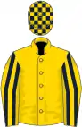 Gold, dark blue striped sleeves, check cap