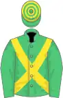Green, yellow cross-belts, hooped cap