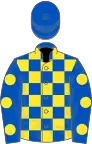 Royal blue and yellow check, royal blue sleeves, yellow spots, royal blue cap
