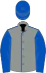 Grey, royal blue seams, sleeves and cap