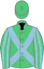 Emerald green, light blue cross belts, striped sleeves