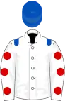 White, royal blue epaulets, white sleeves, red spots, royal blue cap