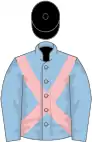 Light blue, pink cross belts, black cap